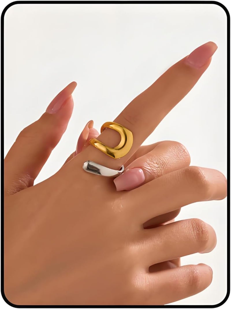 AiTURE Chunky Rings For Women, Gold Silver Thumb Ring Asymmetrical Wavy Curve Ring Adjustable Non Tarnish Dainty Stainless Steel New Year Anniversary Birthday Jewelry Gift - Image 1